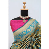 Golden Banarasi printed saree with unstitched blouse, intricate design on 5.5mtr length