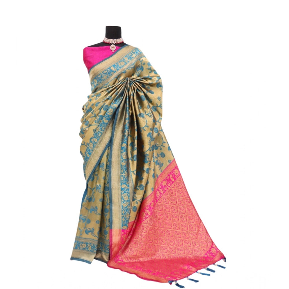 Golden Banarasi printed saree with unstitched blouse (5.5mtr) on mannequin