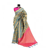 Golden Banarasi printed saree with unstitched blouse (5.5mtr) on mannequin