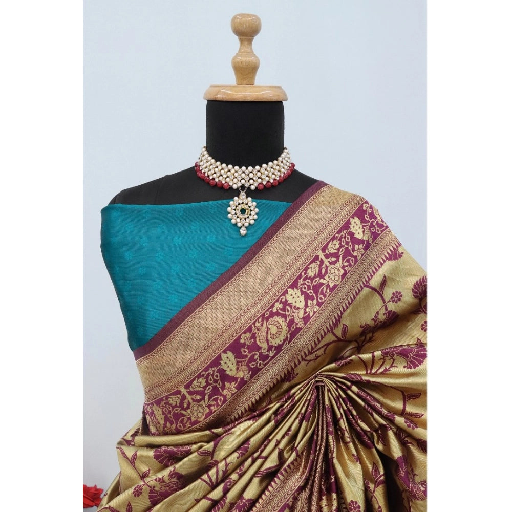 Golden Banarasi printed saree with unstitched blouse, intricate floral design on 5.5mtr length