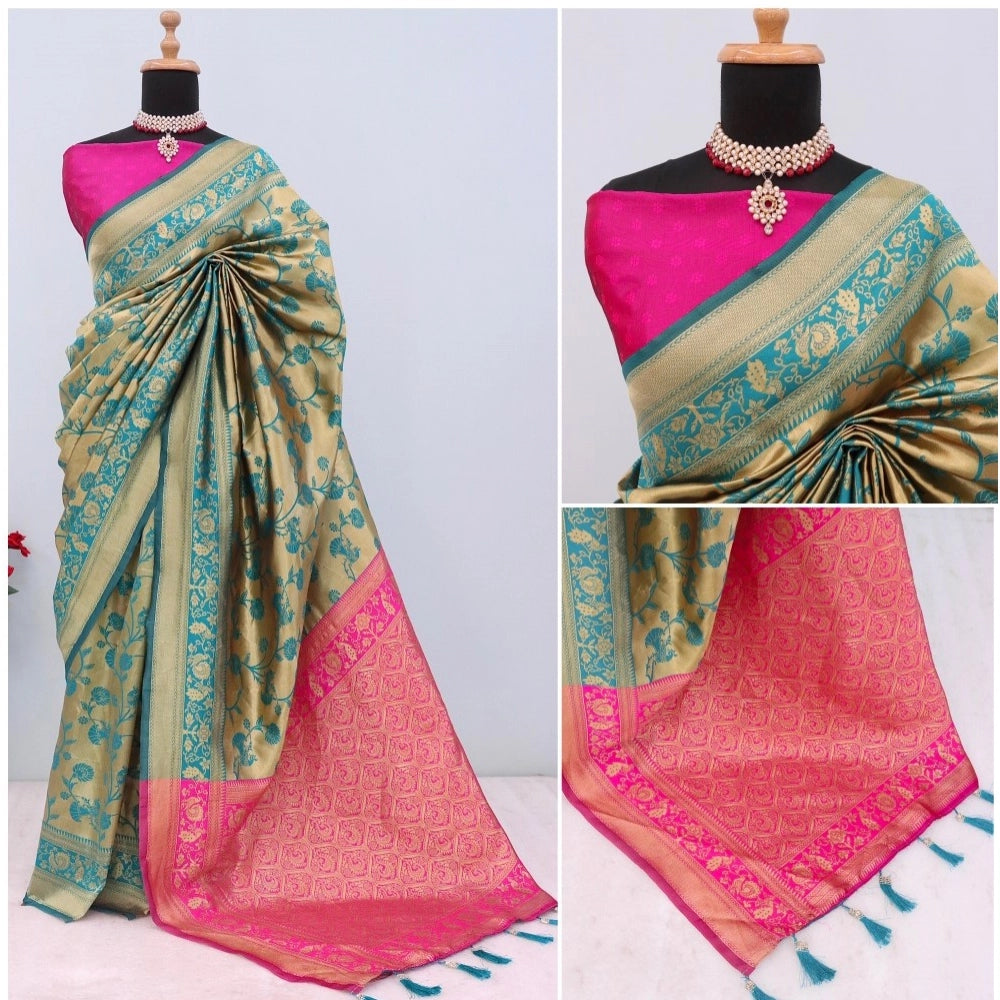 Golden Banarasi printed saree with unstitched blouse, intricate floral motifs on rich fabric