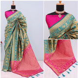 Golden Banarasi printed saree with unstitched blouse, intricate floral motifs on rich fabric