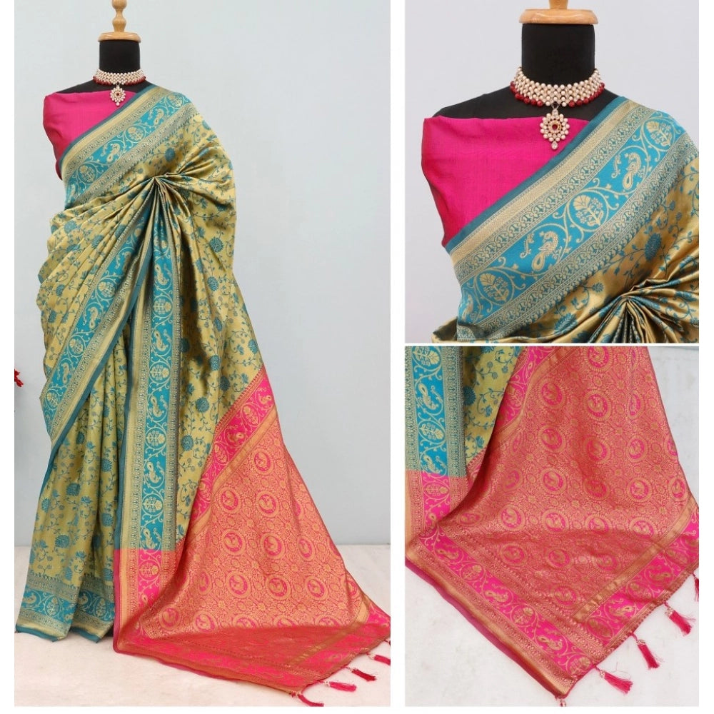 Golden Banarasi printed saree with unstitched blouse (5.5mtr), traditional Indian attire on mannequin