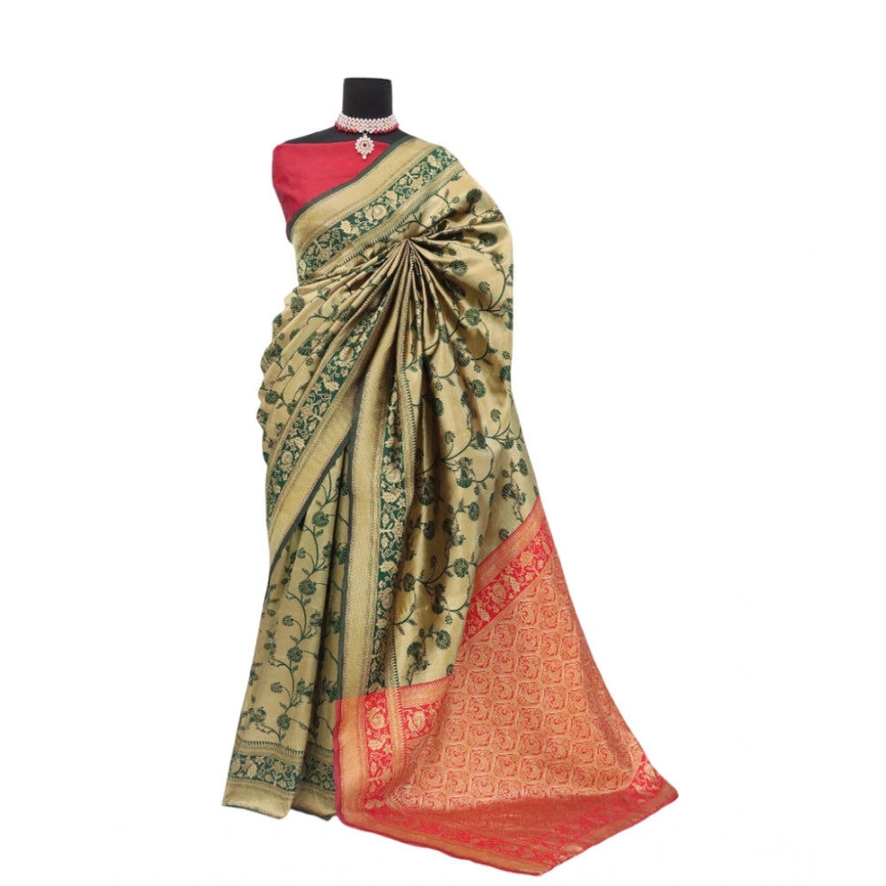 Golden Banarasi printed saree with unstitched blouse (5.5mtr) on hanger