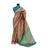 Golden Banarasi printed saree with unstitched blouse (5.5mtr), traditional Indian bridal wear