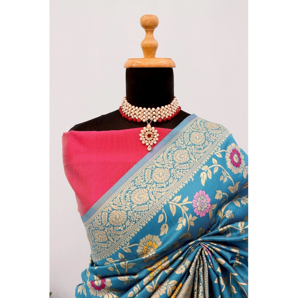 Aqua blue Banarasi printed saree with unstitched blouse (5.5Mtr), vibrant, traditional Indian wear