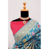 Aqua blue Banarasi printed saree with unstitched blouse (5.5Mtr), vibrant, traditional Indian wear
