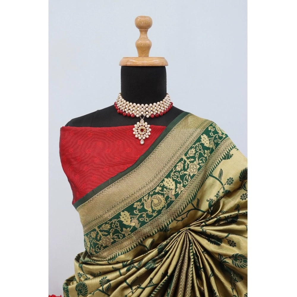 Golden Banarasi printed saree with unstitched blouse (5.5mtr), traditional Indian attire for women