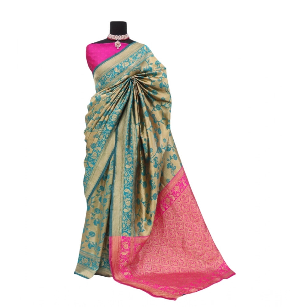 Golden Banarasi printed saree with unstitched blouse, vibrant pattern on 5.5mtr fabric
