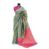 Golden Banarasi printed saree with unstitched blouse, vibrant pattern on 5.5mtr fabric