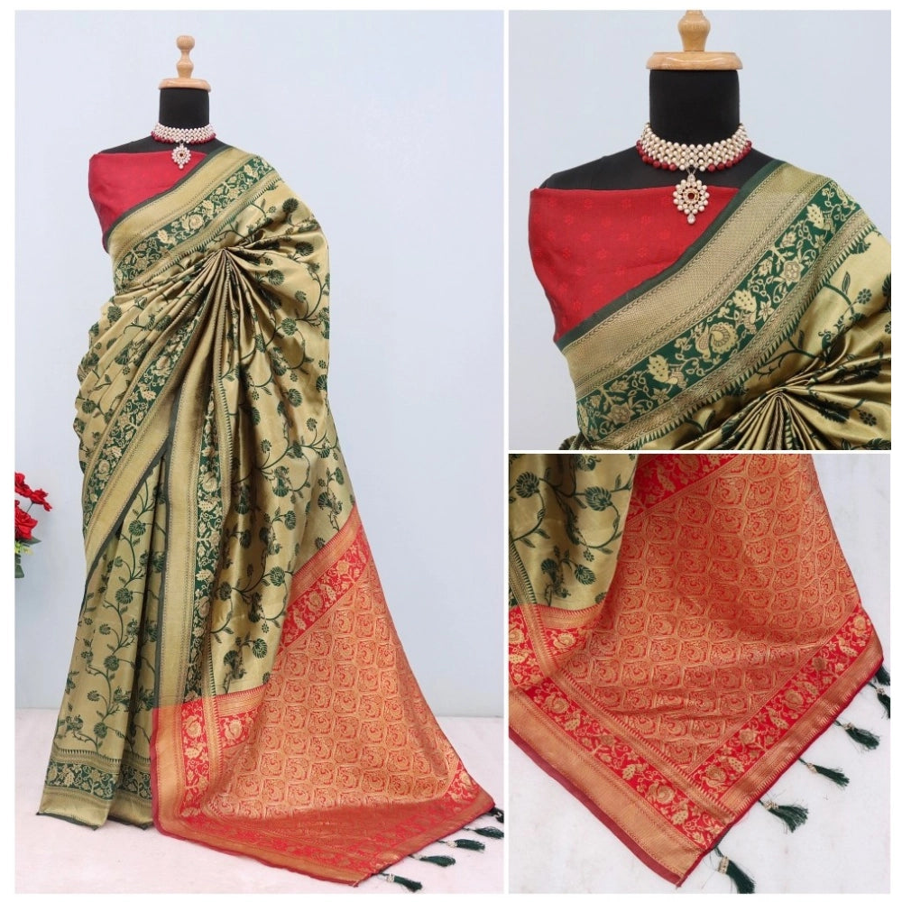 Golden Banarasi printed saree with unstitched blouse (5.5mtr) on mannequin