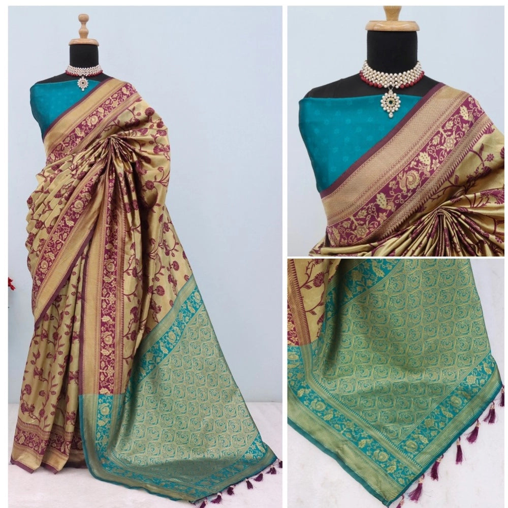 Golden Banarasi printed saree with unstitched blouse (5.5mtr) on mannequin