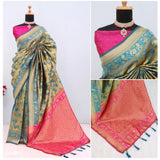 Golden Banarasi printed saree with unstitched blouse (5.5mtr) on mannequin