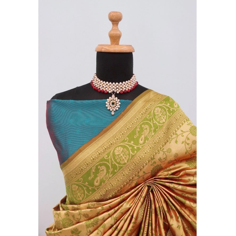 Golden Banarasi printed saree with unstitched blouse (5.5mtr) on mannequin