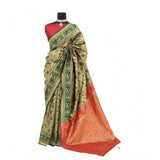 Golden Banarasi printed saree with unstitched blouse (5.5mtr) on mannequin