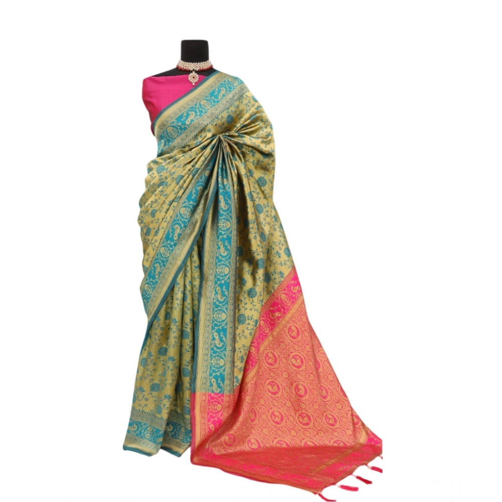 Golden Banarasi printed saree with unstitched blouse, intricate pattern detail on traditional Indian attire