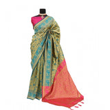 Golden Banarasi printed saree with unstitched blouse, intricate pattern detail on traditional Indian attire