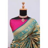 Golden Banarasi printed saree with unstitched blouse, intricate design showcased elegantly
