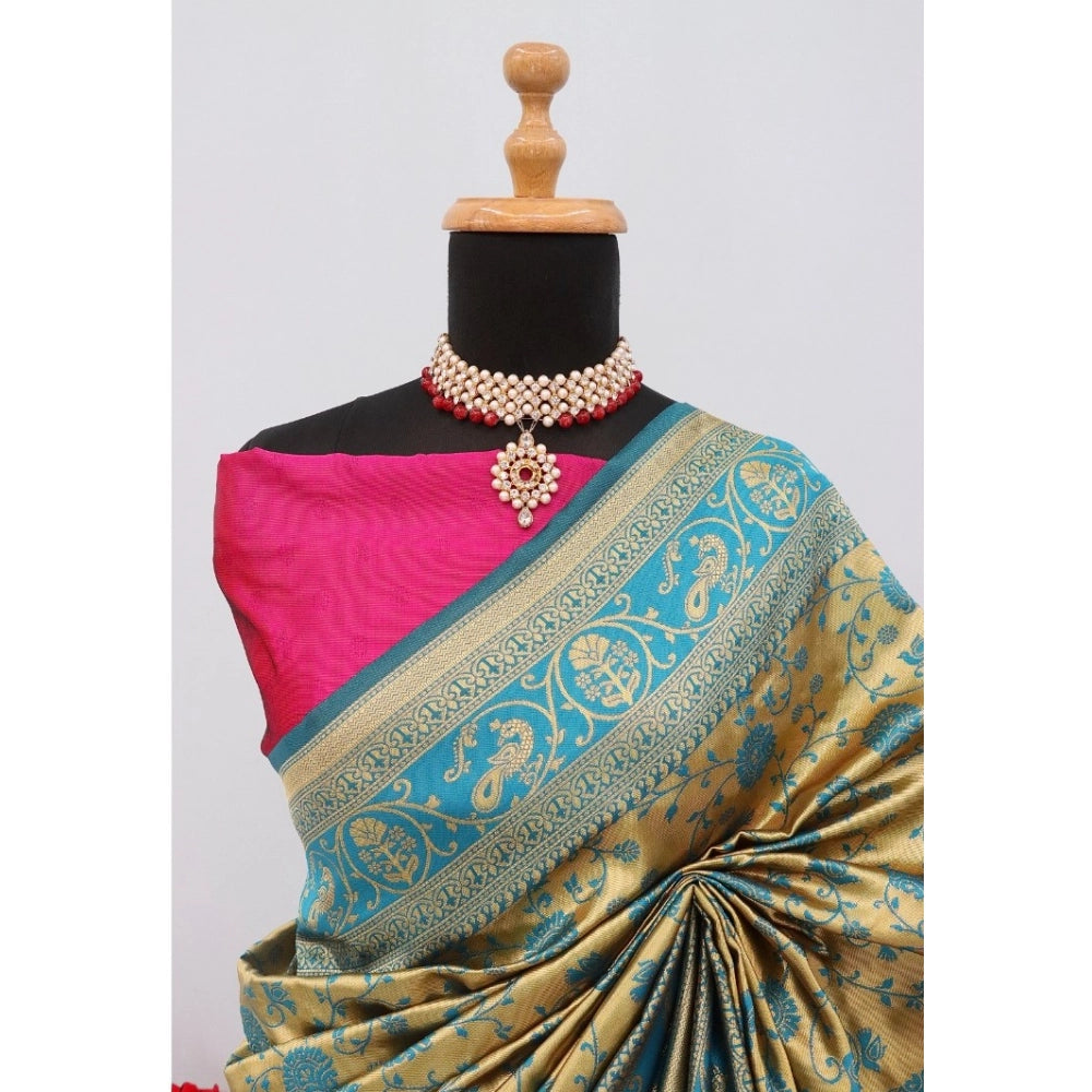 Golden Banarasi printed saree with unstitched blouse (5.5mtr) on mannequin