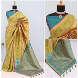 Golden Banarasi printed saree with unstitched blouse, intricate design showcased