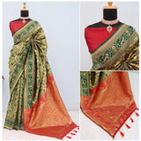 Golden Banarasi printed saree with unstitched blouse (5.5mtr), traditional Indian women's attire on mannequin