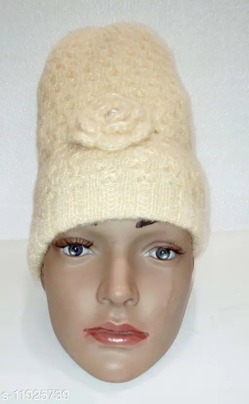 Woolen winter cap, solid pattern, fancy modern design for women & girls, handcrafted in India