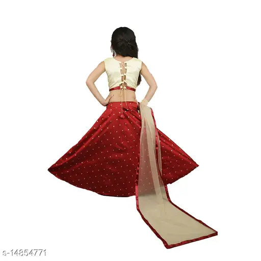 Maroon embroidered silk blend lehenga choli and net dupatta set, sleeveless western wear for baby girls (pack of 1), jacquard pattern on taffeta fabric