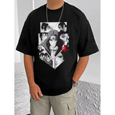 Black cotton blend men's casual t-shirt with printed round neck, half sleeve design