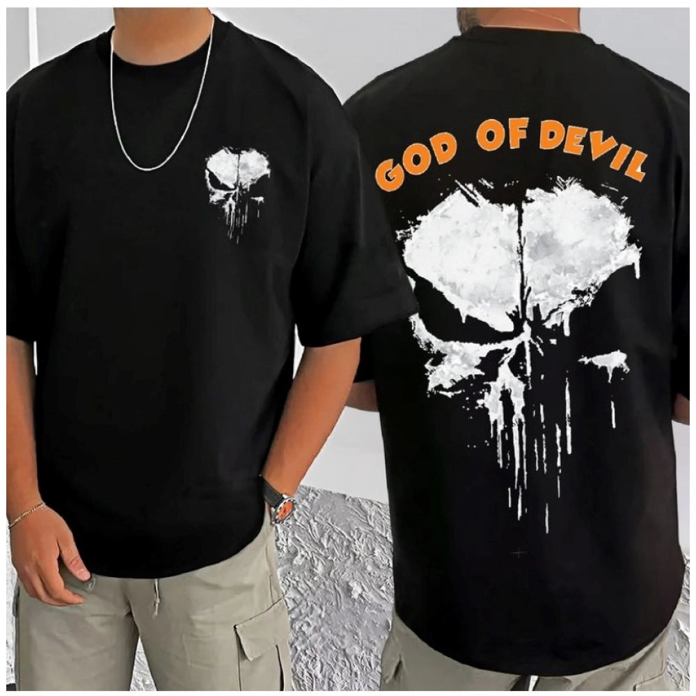 Black cotton blend men's casual t-shirt with printed design, round neck and half sleeves