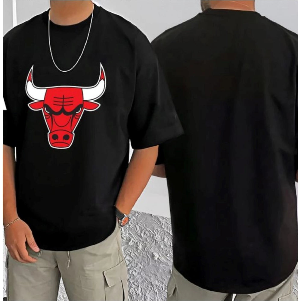 Black cotton blend men's casual printed round neck half sleeve t-shirt with vibrant design