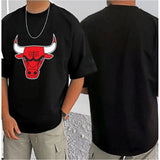 Black cotton blend men's casual printed round neck half sleeve t-shirt with vibrant design