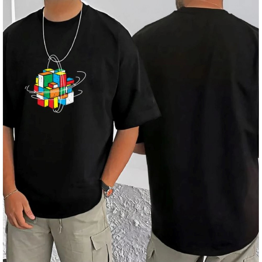 Black cotton blend men's printed round neck half sleeve t-shirt - casual wear on model