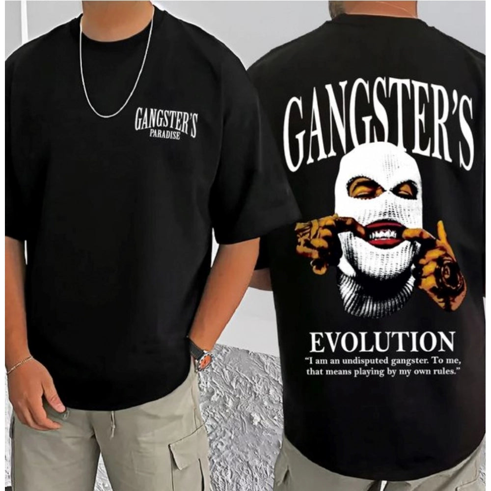 Black cotton blend men's casual printed round neck half sleeve t-shirt