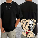 Black cotton blend men's casual printed round neck t-shirt with half sleeves