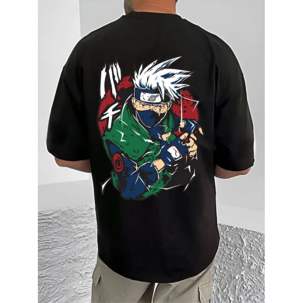 Black cotton blend men's casual t-shirt with printed round neck and half sleeves