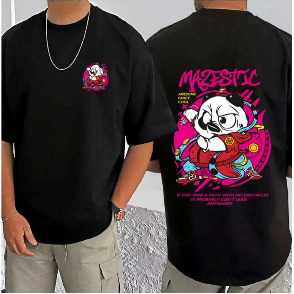 Black cotton blend men's casual printed round neck half sleeve T-shirt