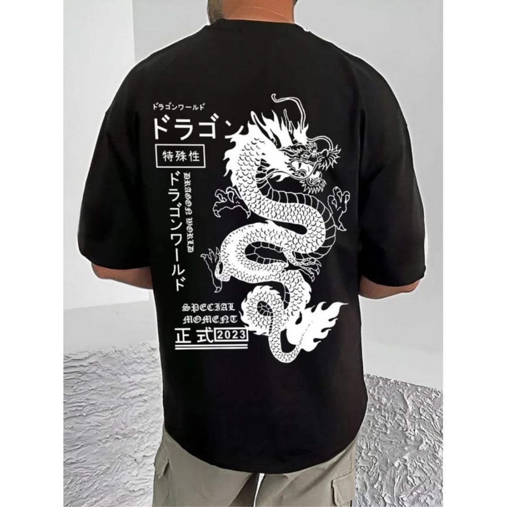 Black cotton blend men's t-shirt with printed design, casual half sleeve round neck