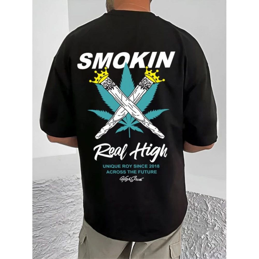 Black cotton blend men's casual printed round neck half sleeve t-shirt with vibrant design