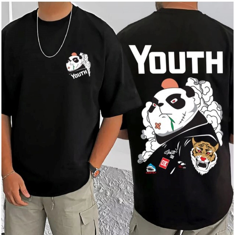 Black cotton blend men's casual printed round neck half sleeve t-shirt with vibrant design