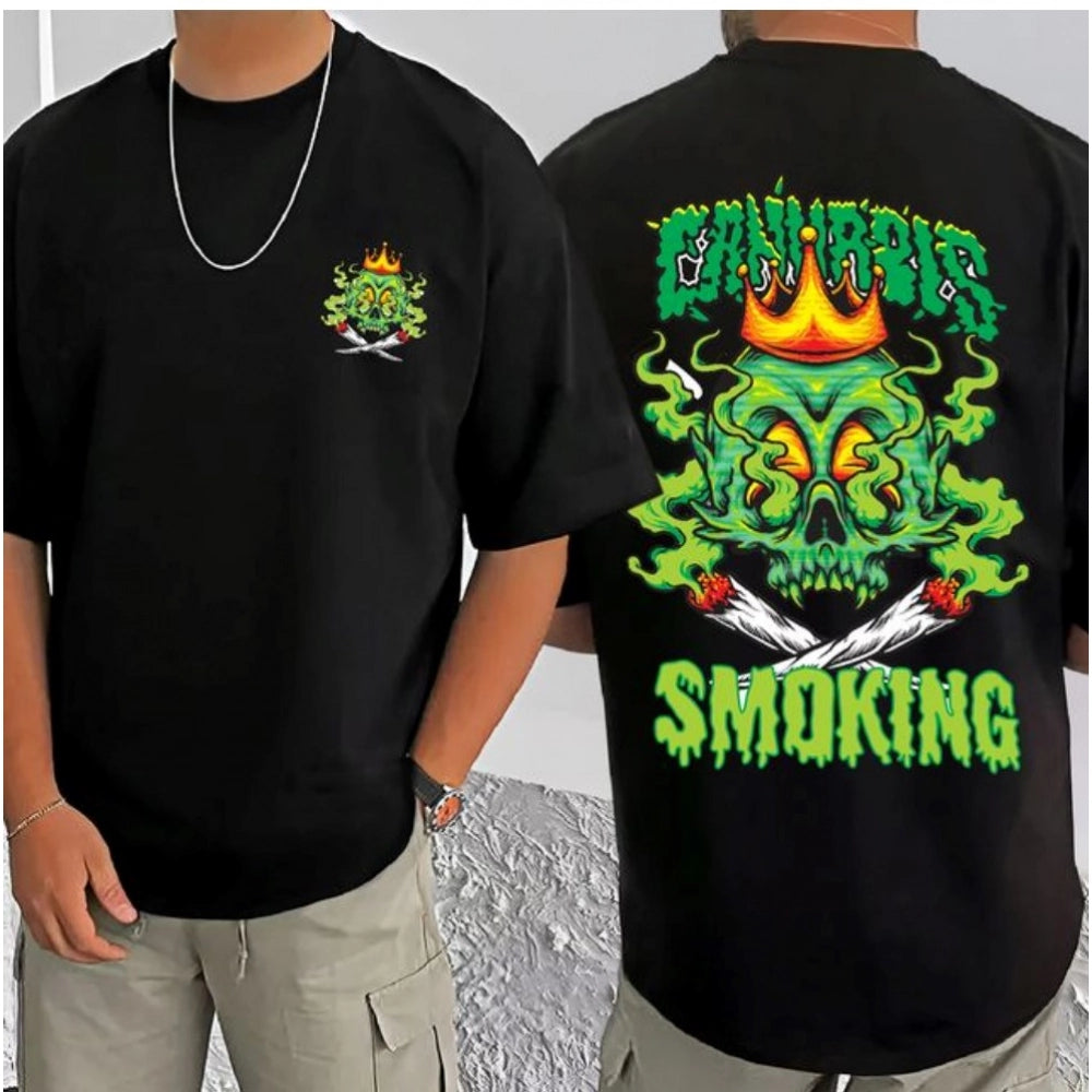 Black cotton blend men's casual printed round neck t-shirt with half sleeves, featuring vibrant artwork