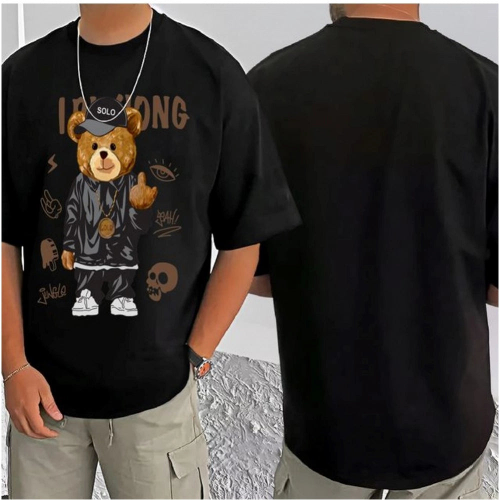 Black cotton blend men's casual printed round neck half sleeve t-shirt with vibrant imagery