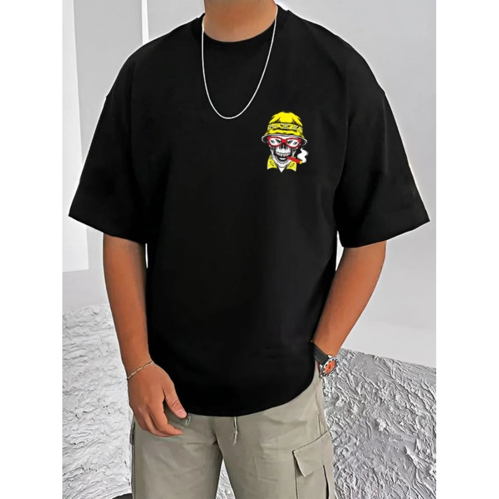 Black cotton blend men's casual printed round neck half sleeve t-shirt with vibrant pattern detail