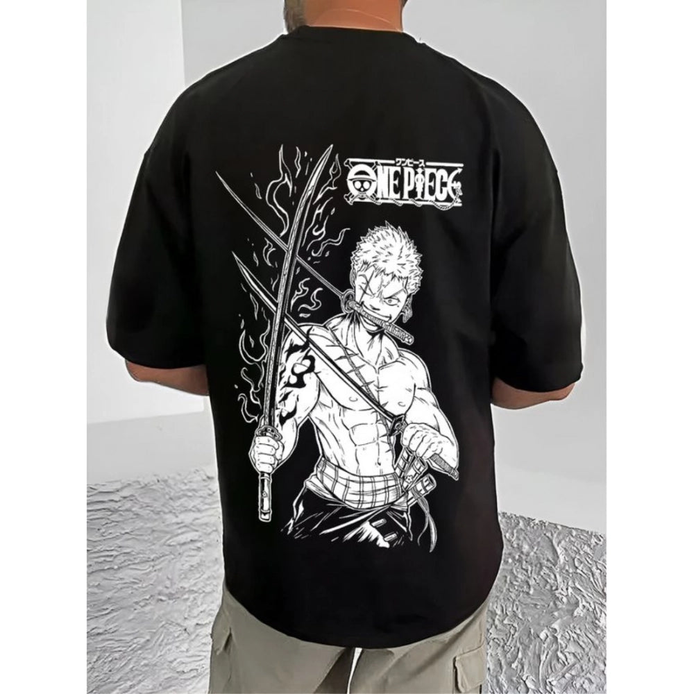 Black cotton blend men's t-shirt with printed design, casual round neck half sleeve