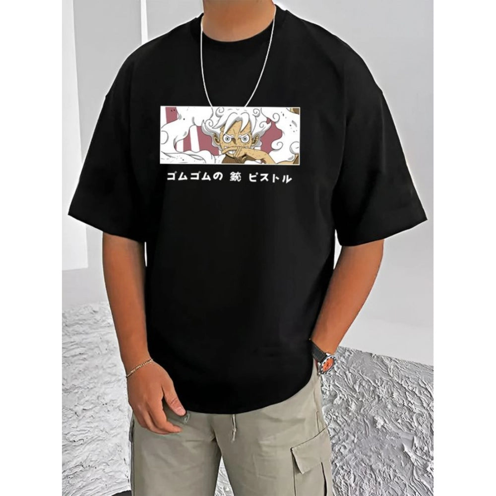 Black cotton blend men's casual t-shirt with printed design, half sleeve round neck style