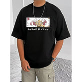 Black cotton blend men's casual t-shirt with printed design, half sleeve round neck style
