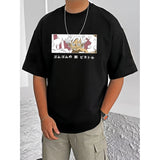 Black cotton blend men's casual t-shirt with printed design, half sleeve round neck style