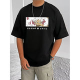 Men's Casual Cotton Blend Printed Round Neck Half Sleeve T-Shirt (Black)