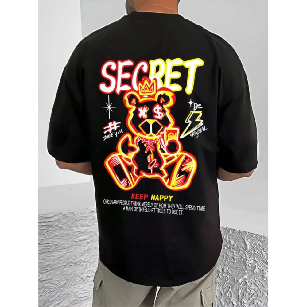 Black cotton blend men's t-shirt with casual printed design (half sleeve, round neck)