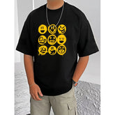 Black cotton blend men's casual printed round neck half sleeve t-shirt, vibrant pattern design on display