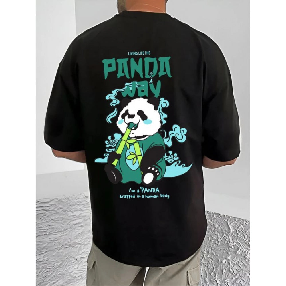 Black cotton blend men's casual t-shirt with printed round neck and half sleeves